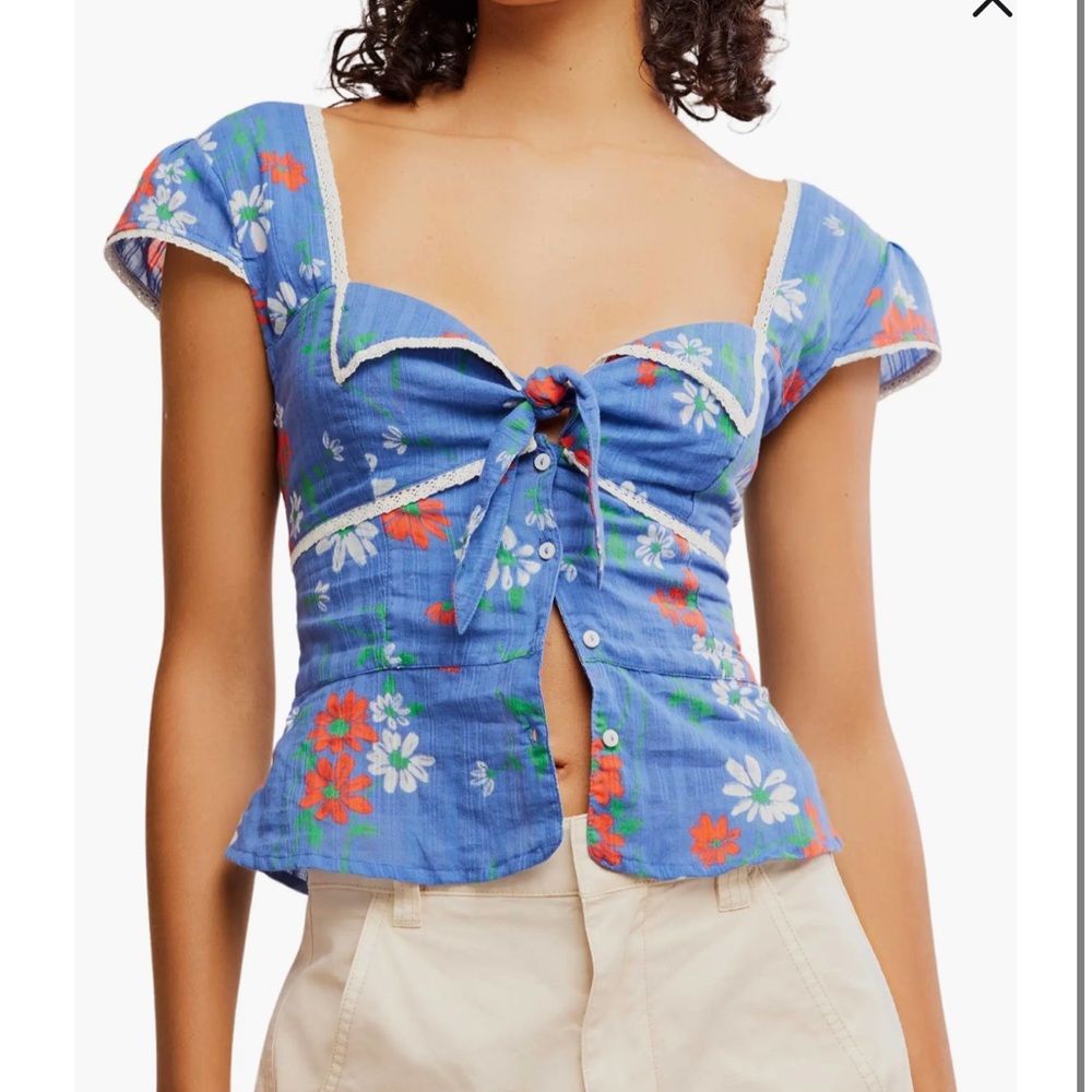 Floral Blue Daisy Top (Call Me Baby Cap Sleeve Button-Up Shirt Free People)